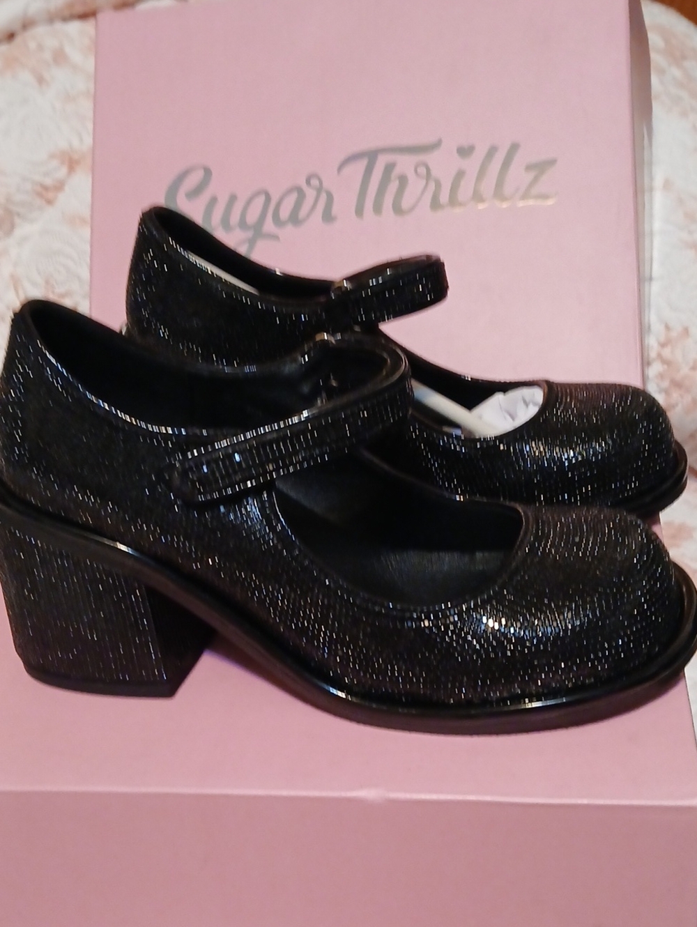Sugar Thrillz Black Glitter Mary Jane Block Heels
